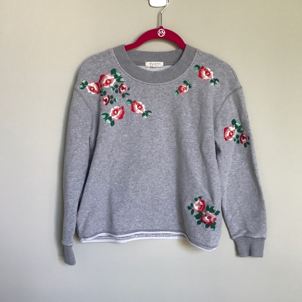 Madewell Cropped Grey Rose🌹Embroidered Sweatshirt